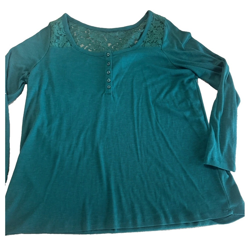 Torrid Size 1 Teal Lace Yoke Ribbed Henley Long Sleeve Top 1X 14/16
